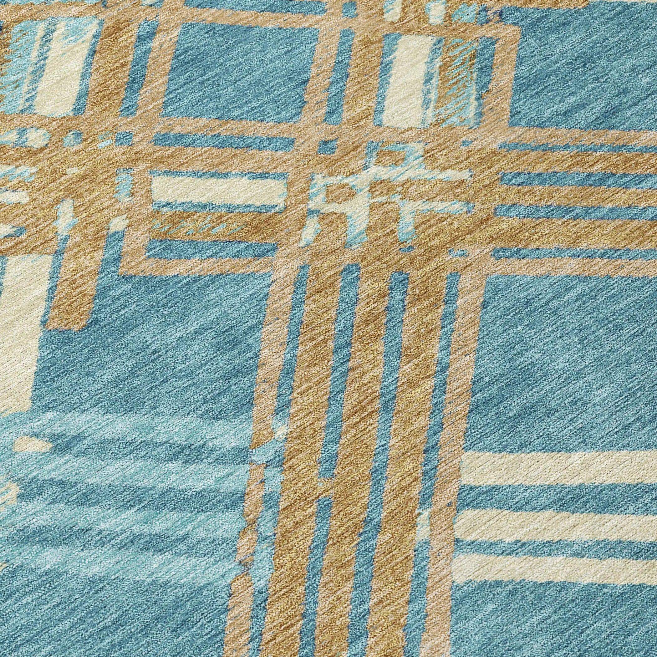 9' X 12' Teal Blue And Beige Geometric Washable Indoor Outdoor Area Rug Homeroots Outdoor