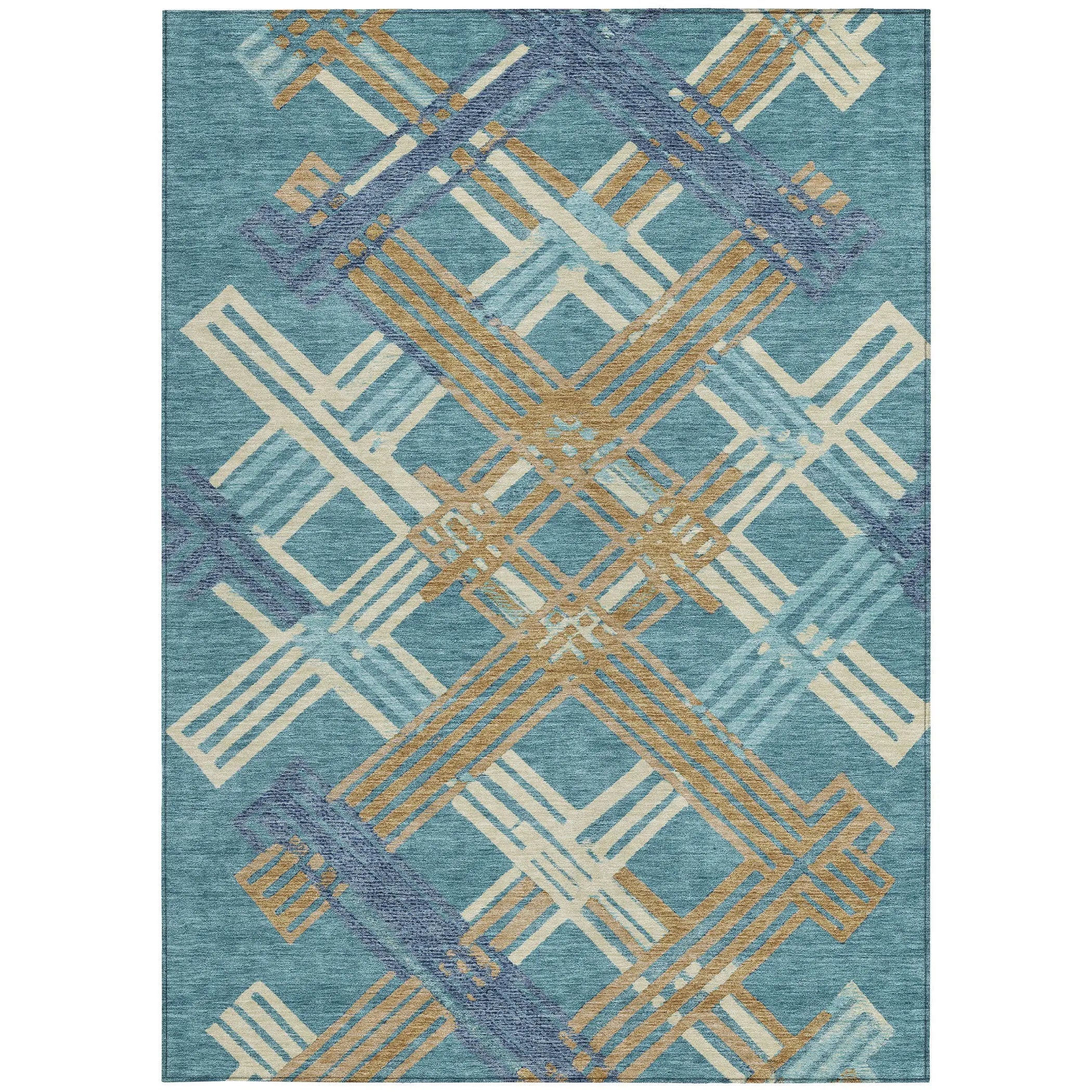 9' X 12' Teal Blue And Beige Geometric Washable Indoor Outdoor Area Rug Homeroots Outdoor