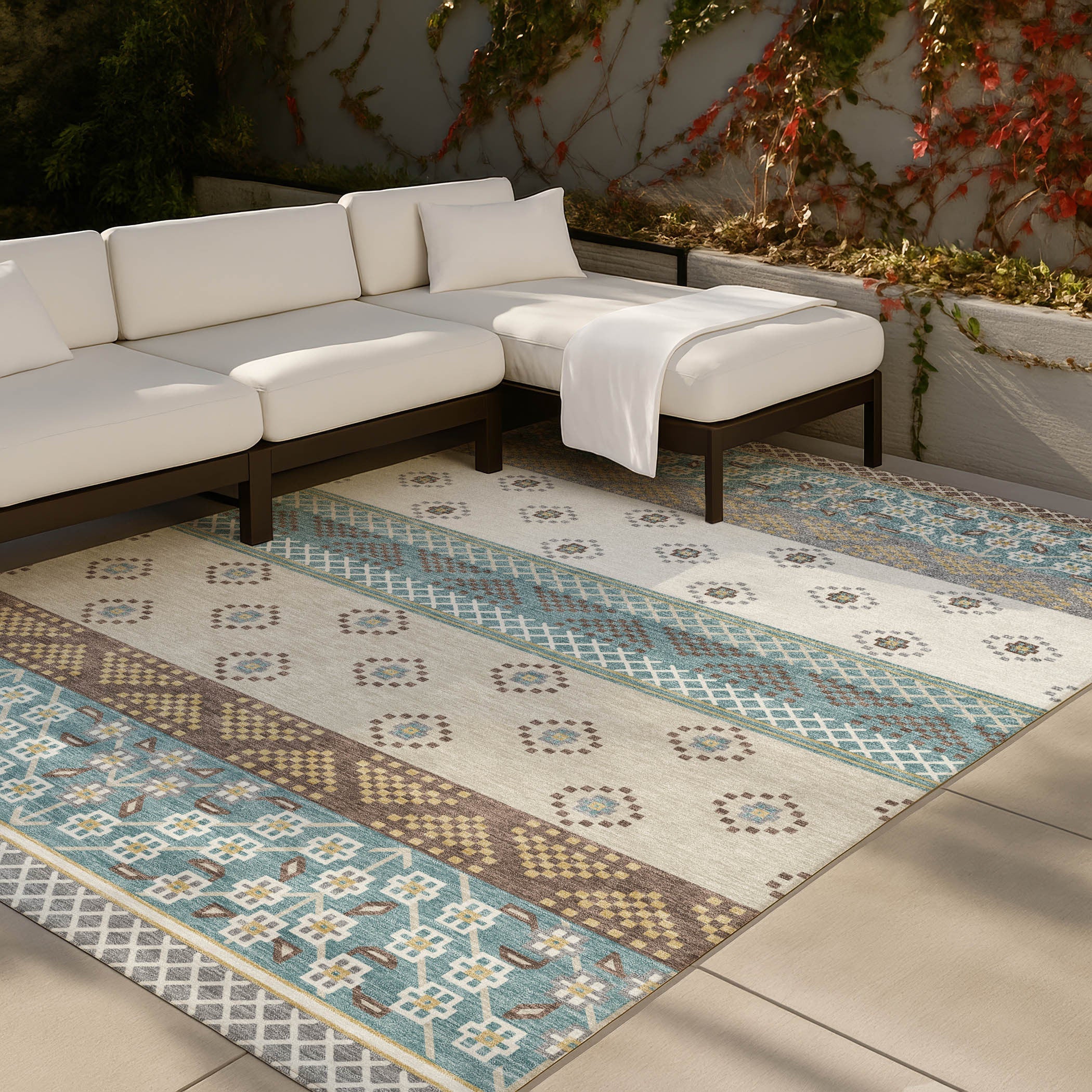 9' X 12' Teal Blue And Beige Striped Washable Indoor Outdoor Area Rug Homeroots Outdoor