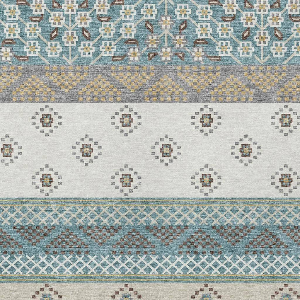 9' X 12' Teal Blue And Beige Striped Washable Indoor Outdoor Area Rug Homeroots Outdoor