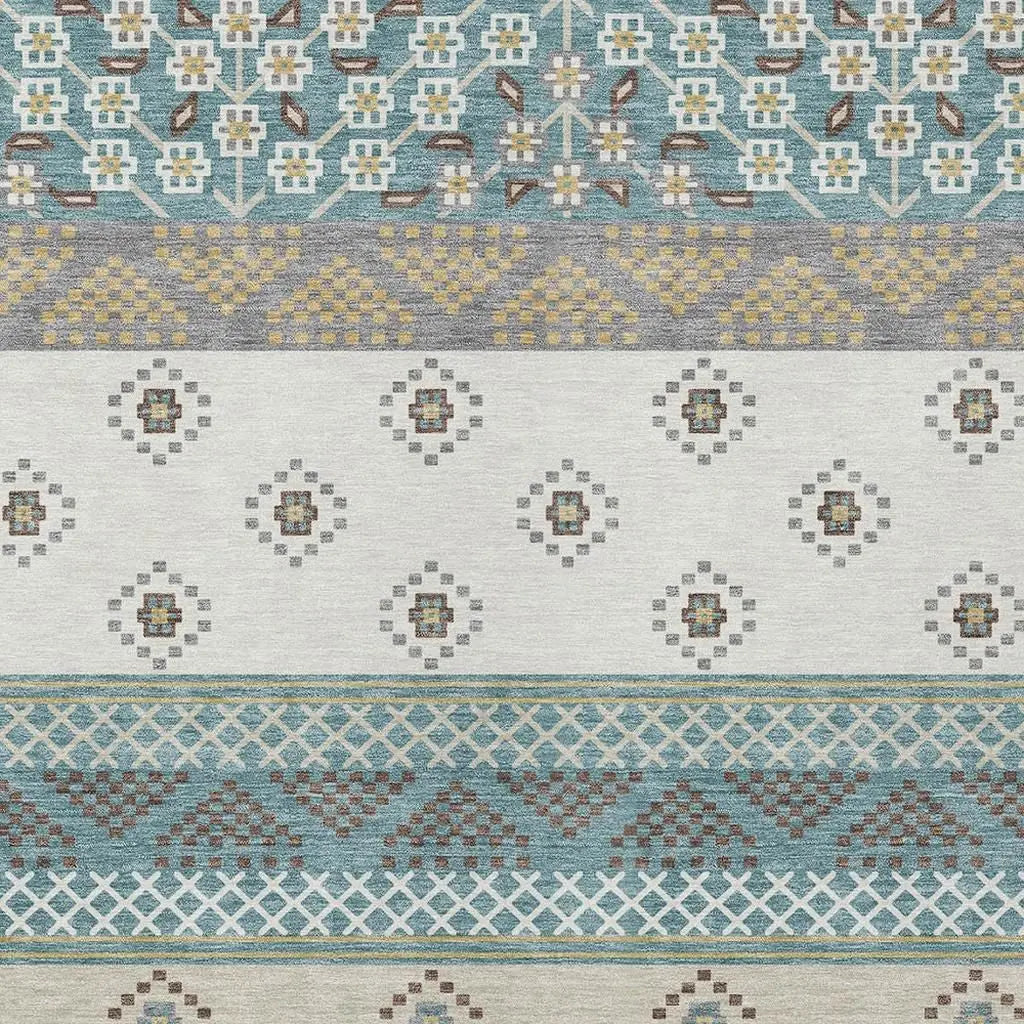 9' X 12' Teal Blue And Beige Striped Washable Indoor Outdoor Area Rug Homeroots Outdoor