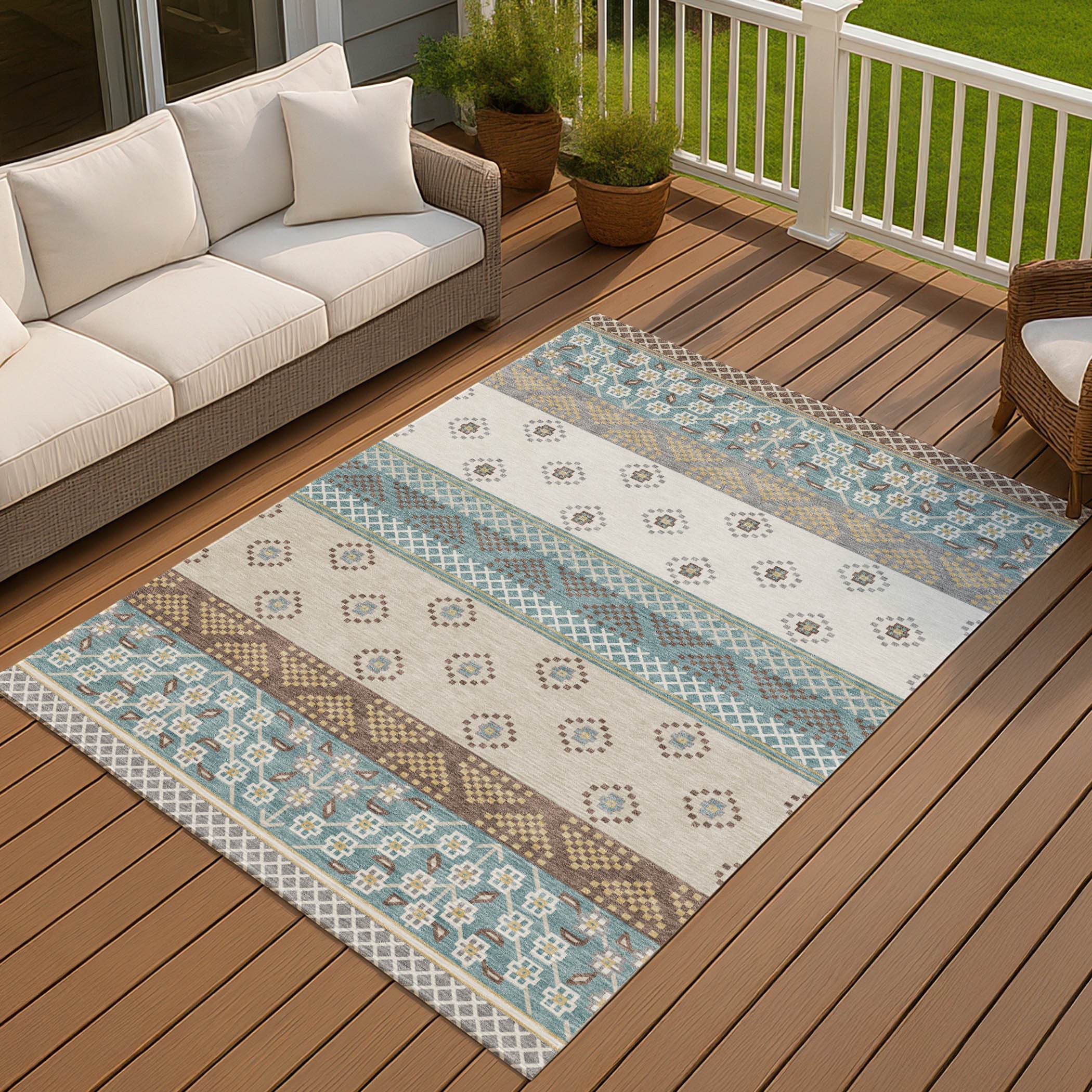 9' X 12' Teal Blue And Beige Striped Washable Indoor Outdoor Area Rug Homeroots Outdoor