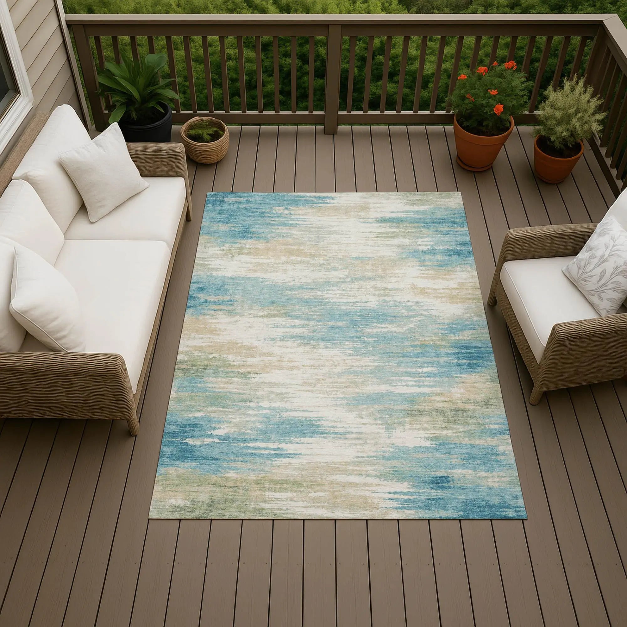 9' X 12' Teal Blue And Blue Abstract Washable Indoor Outdoor Area Rug Homeroots Outdoor