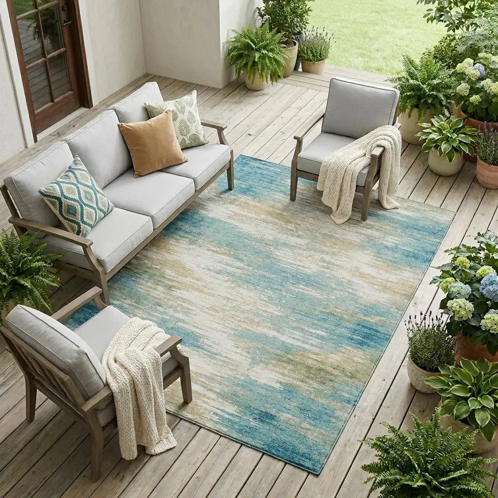 9' X 12' Teal Blue And Blue Abstract Washable Indoor Outdoor Area Rug Homeroots Outdoor