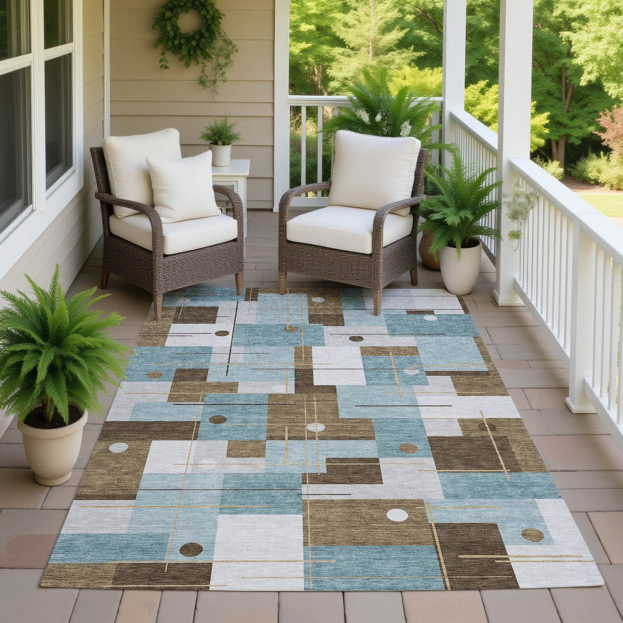 9' X 12' Teal Blue And Blue Geometric Washable Indoor Outdoor Area Rug Homeroots Outdoor