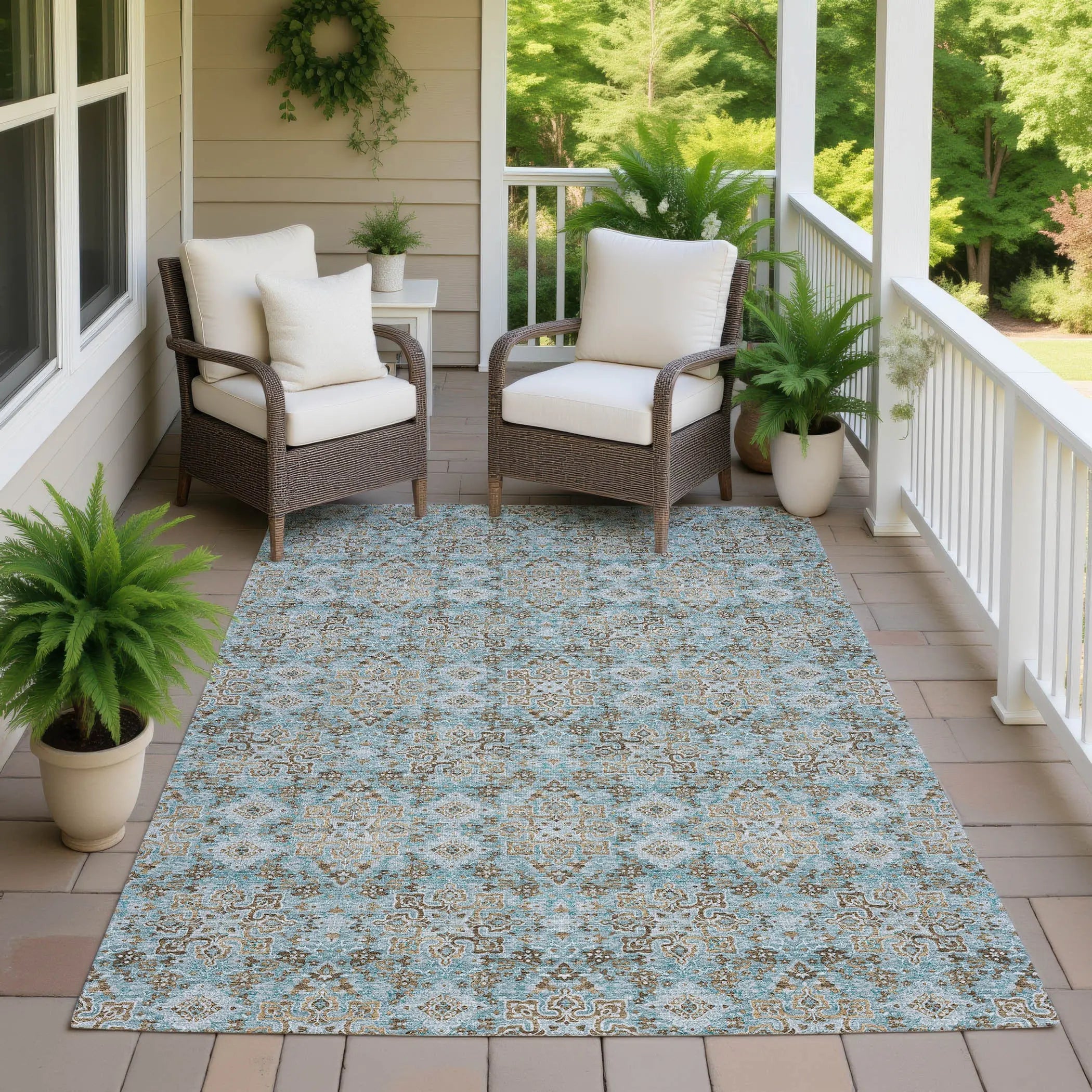 9' X 12' Teal Blue And Blue Oriental Washable Indoor Outdoor Area Rug Homeroots Outdoor