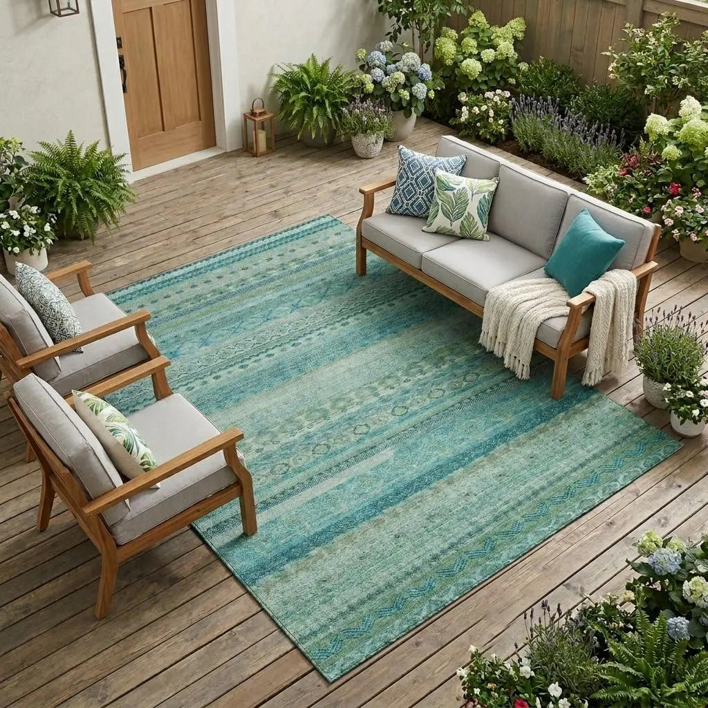 9' X 12' Teal Blue And Blue Striped Washable Indoor Outdoor Area Rug Homeroots Outdoor