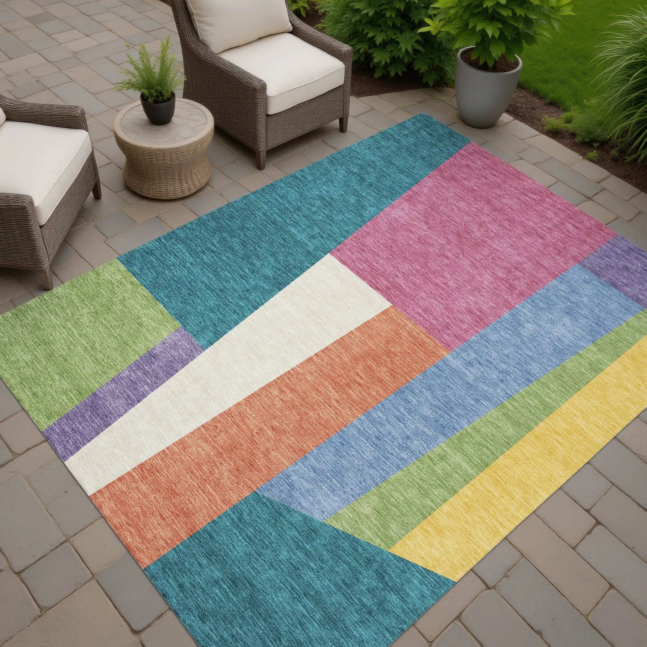 9' X 12' Teal Blue And Blush Geometric Washable Indoor Outdoor Area Rug Homeroots Outdoor