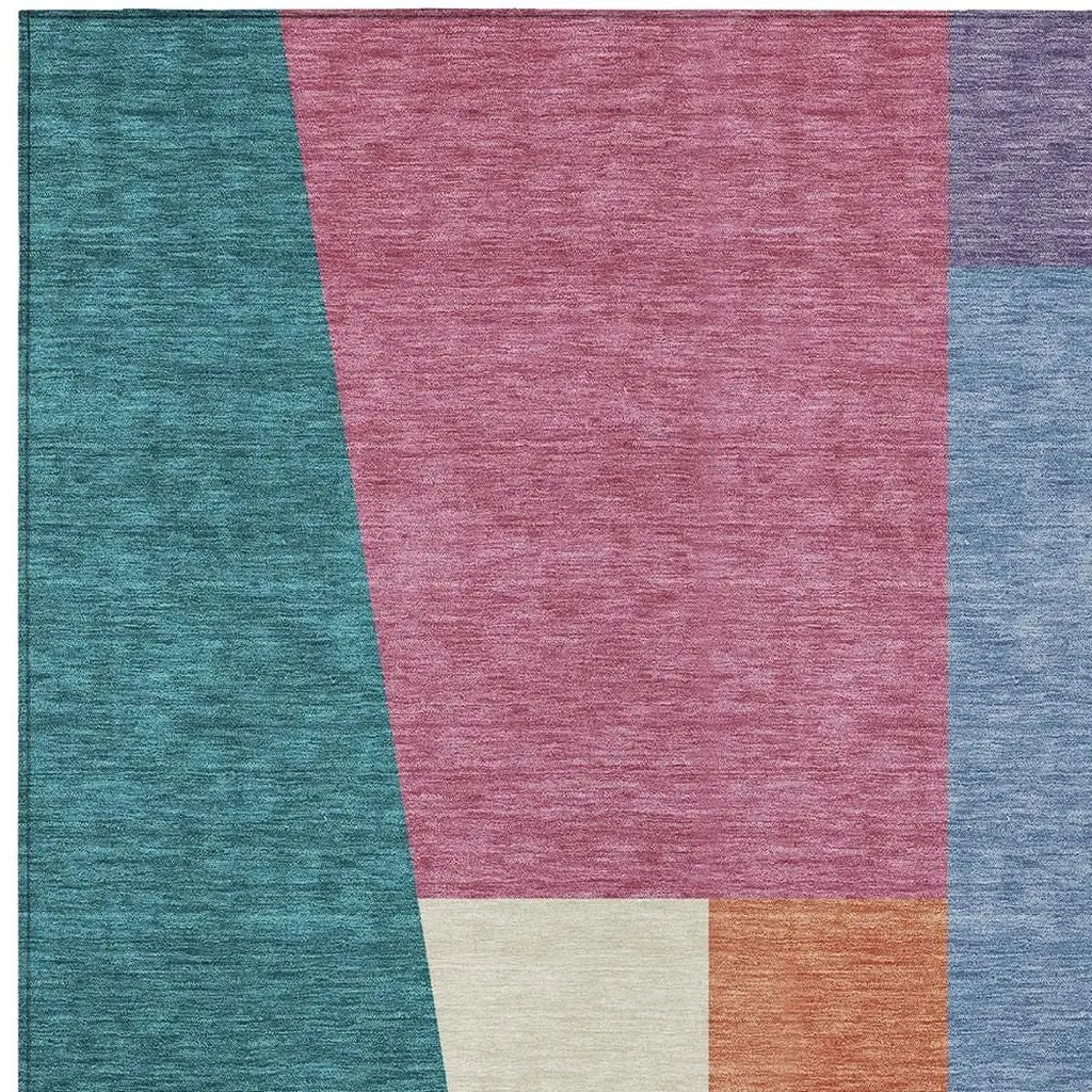 9' X 12' Teal Blue And Blush Geometric Washable Indoor Outdoor Area Rug Homeroots Outdoor