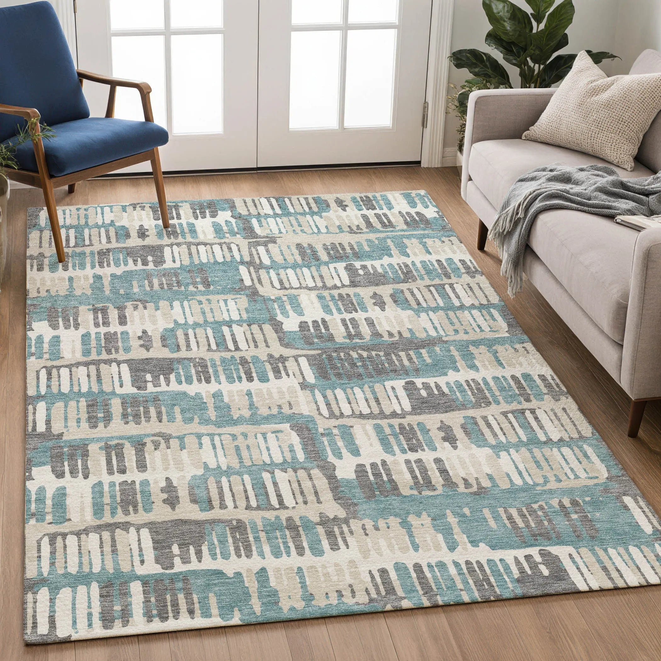 9' X 12' Teal Blue And Brown Abstract Washable Indoor Outdoor Area Rug Homeroots Outdoor