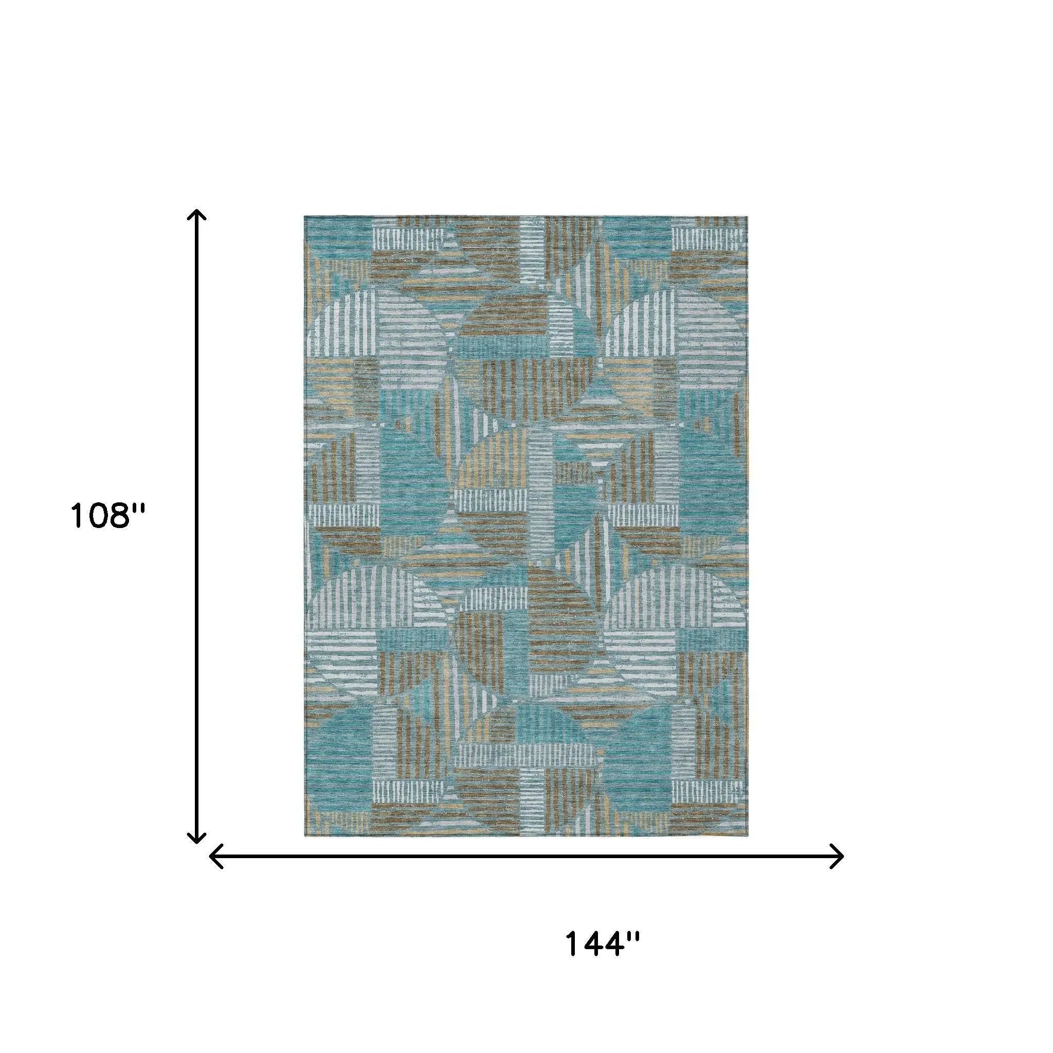 9' X 12' Teal Blue And Brown Geometric Washable Indoor Outdoor Area Rug Homeroots Outdoor