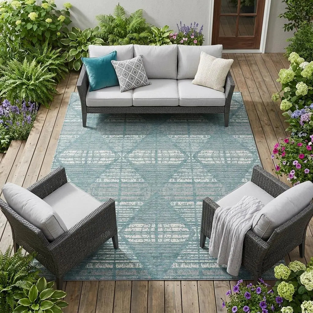 9' X 12' Teal Blue And Brown Geometric Washable Indoor Outdoor Area Rug Homeroots Outdoor