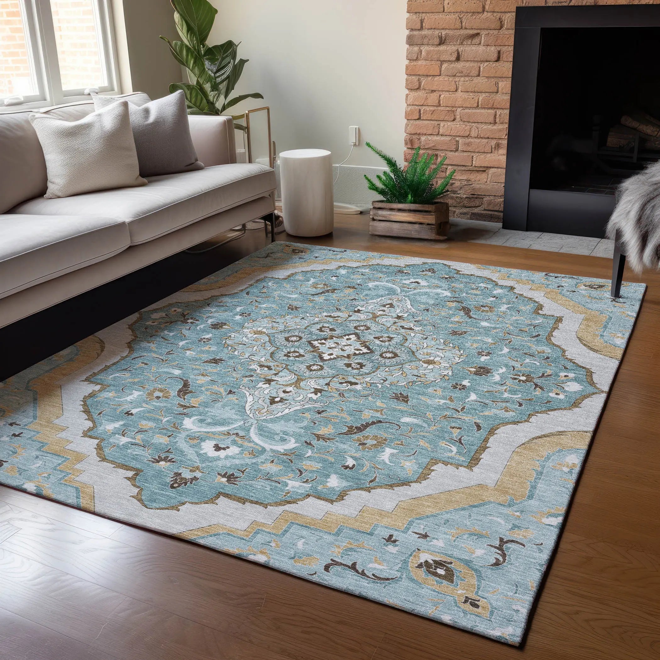9' X 12' Teal Blue And Brown Medallion Washable Indoor Outdoor Area Rug Homeroots Outdoor