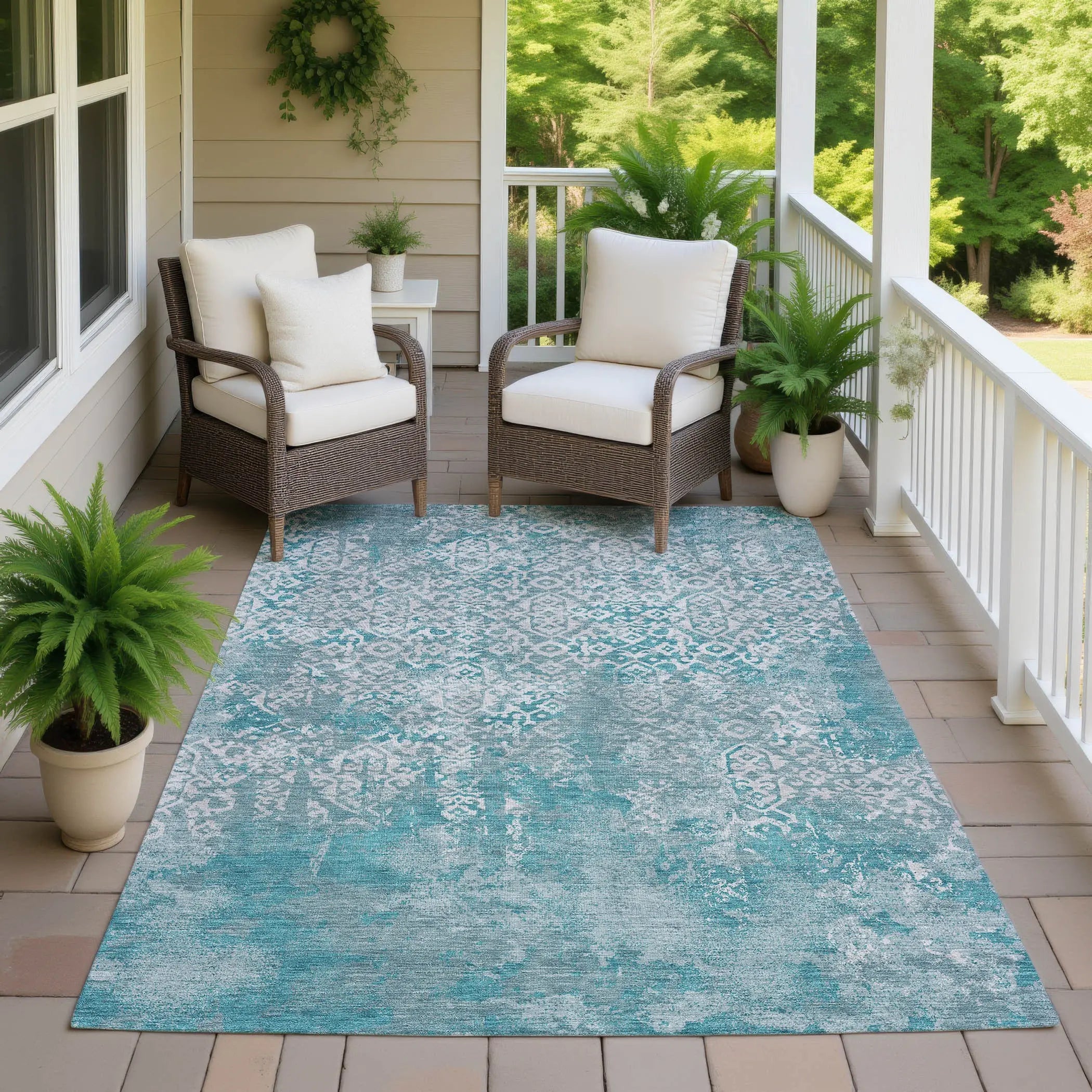 9' X 12' Teal Blue And Brown Oriental Washable Indoor Outdoor Area Rug Homeroots Outdoor