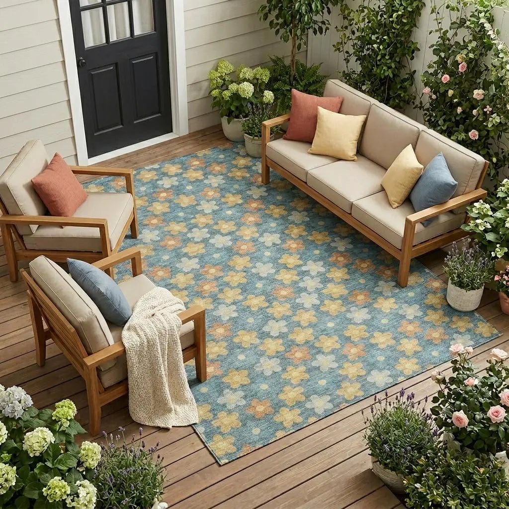 9' X 12' Teal Blue And Copper Floral Washable Indoor Outdoor Area Rug Homeroots Outdoor