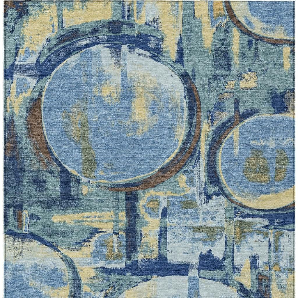 9' X 12' Teal Blue And Denim Blue Abstract Washable Indoor Outdoor Area Rug Homeroots Outdoor