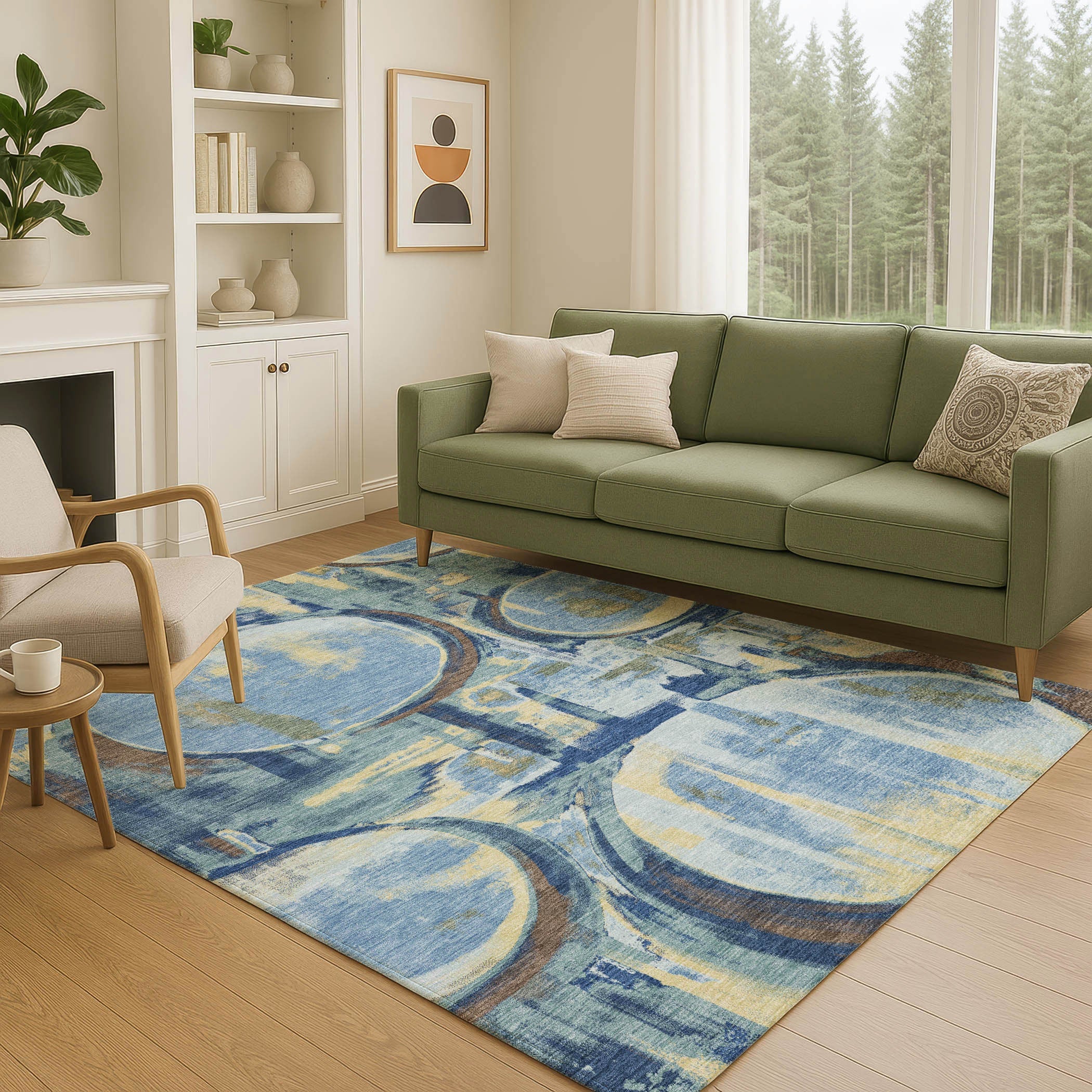 9' X 12' Teal Blue And Denim Blue Abstract Washable Indoor Outdoor Area Rug Homeroots Outdoor