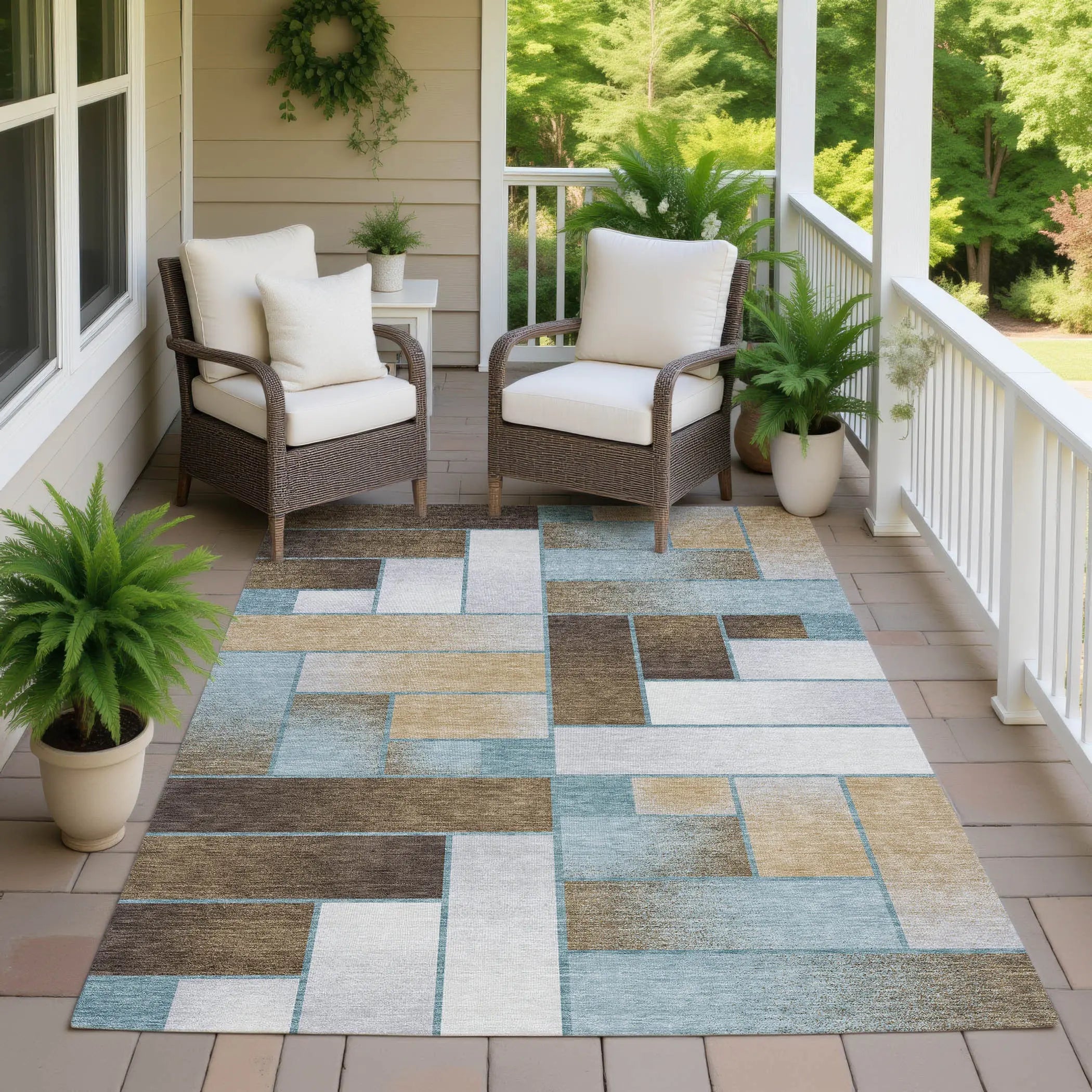 9' X 12' Teal Blue And Gold Geometric Washable Indoor Outdoor Area Rug Homeroots Outdoor