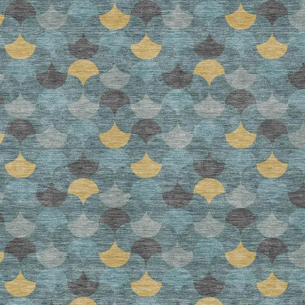 9' X 12' Teal Blue And Gold Geometric Washable Indoor Outdoor Area Rug Homeroots Outdoor