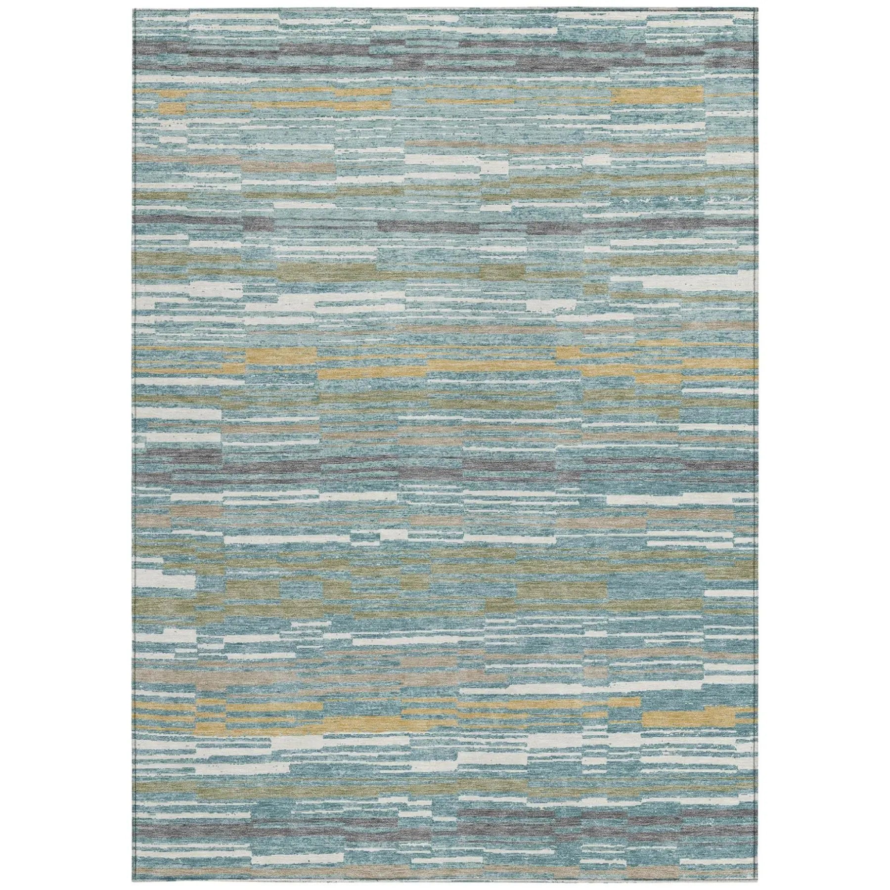 9' X 12' Teal Blue And Gold Striped Washable Indoor Outdoor Area Rug Homeroots Outdoor