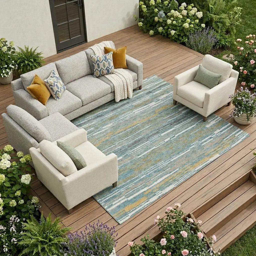9' X 12' Teal Blue And Gold Striped Washable Indoor Outdoor Area Rug Homeroots Outdoor
