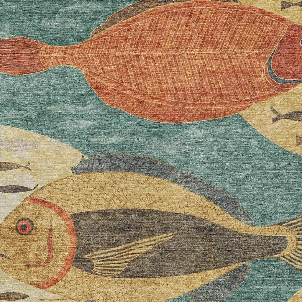 9' X 12' Teal Blue And Gold Tropical Fish Washable Indoor Outdoor Area Rug Homeroots Outdoor