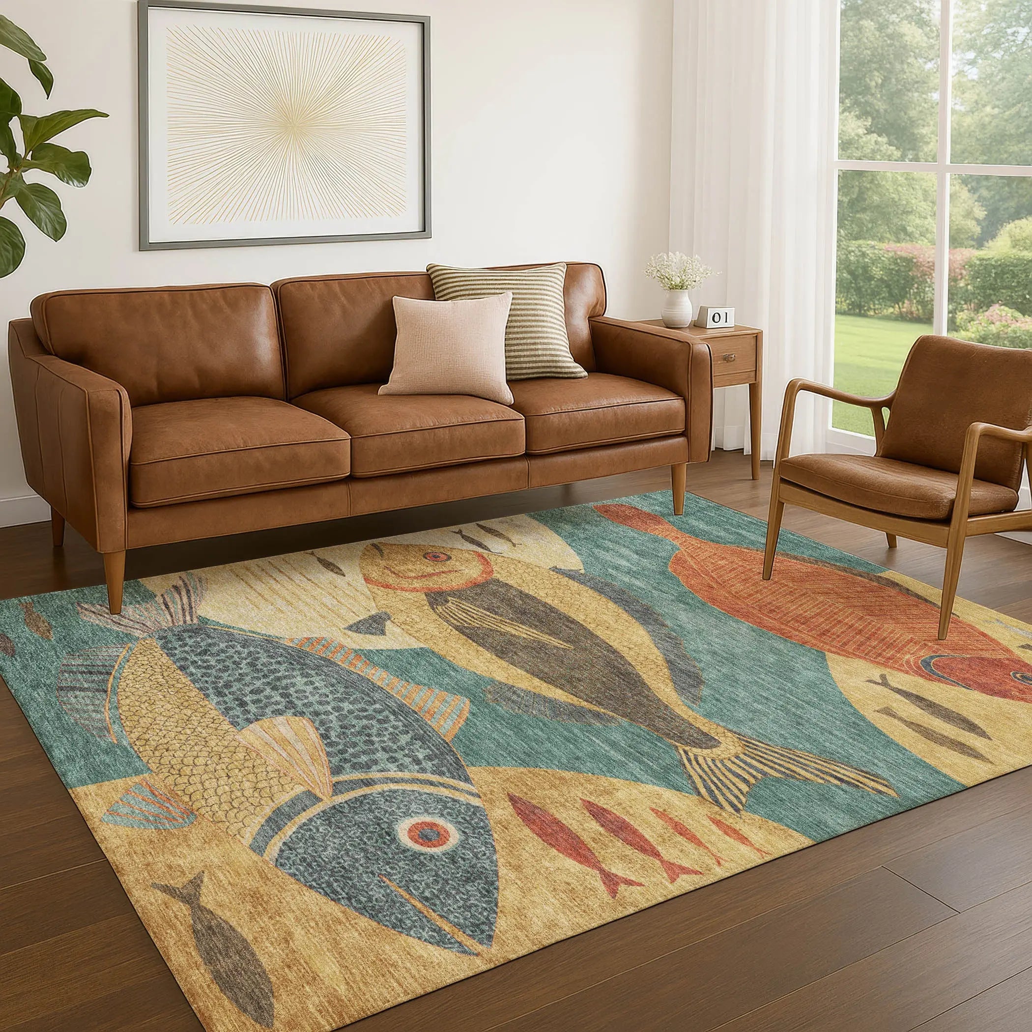9' X 12' Teal Blue And Gold Tropical Fish Washable Indoor Outdoor Area Rug Homeroots Outdoor