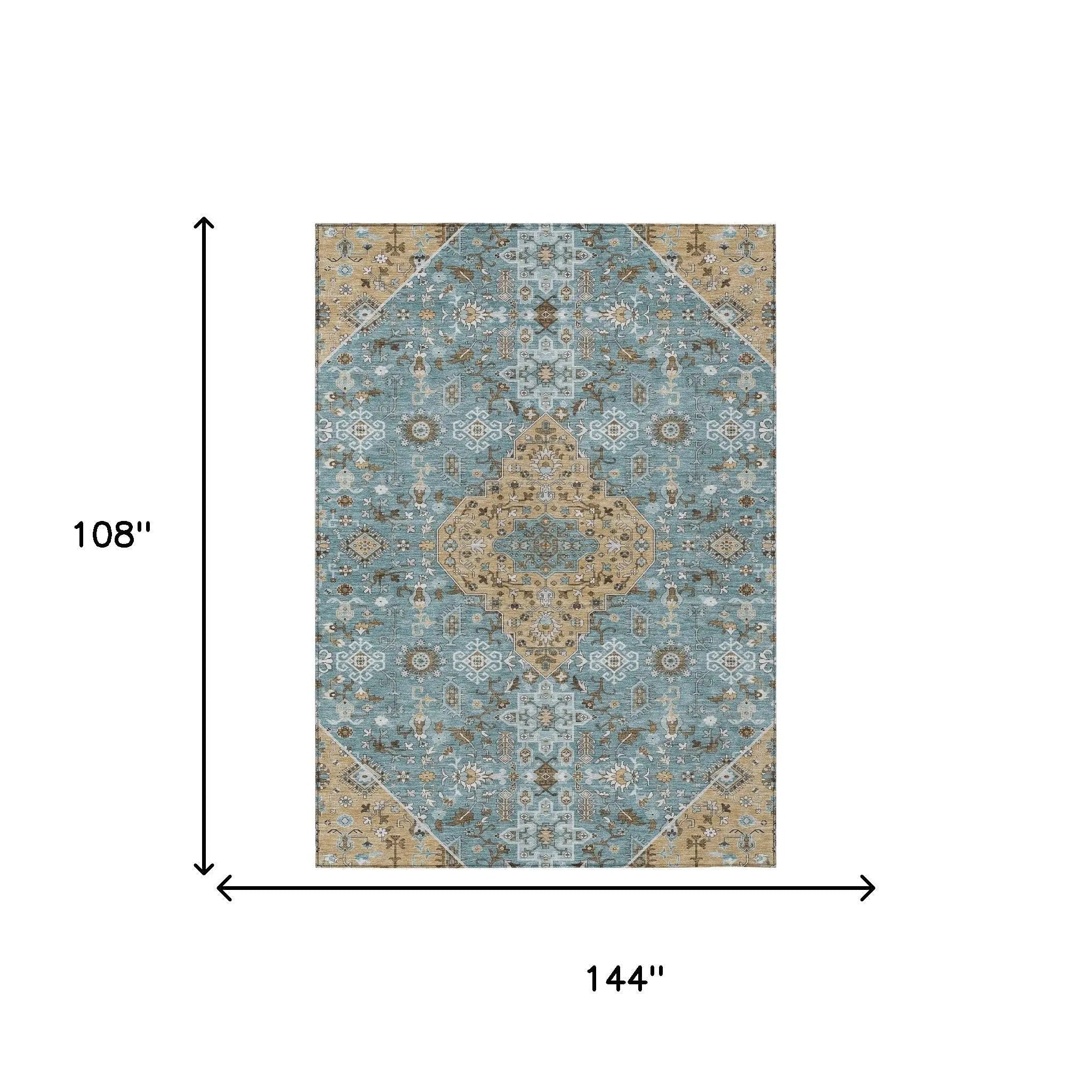 9' X 12' Teal Blue And Graphite Medallion Washable Indoor Outdoor Area Rug Homeroots Outdoor