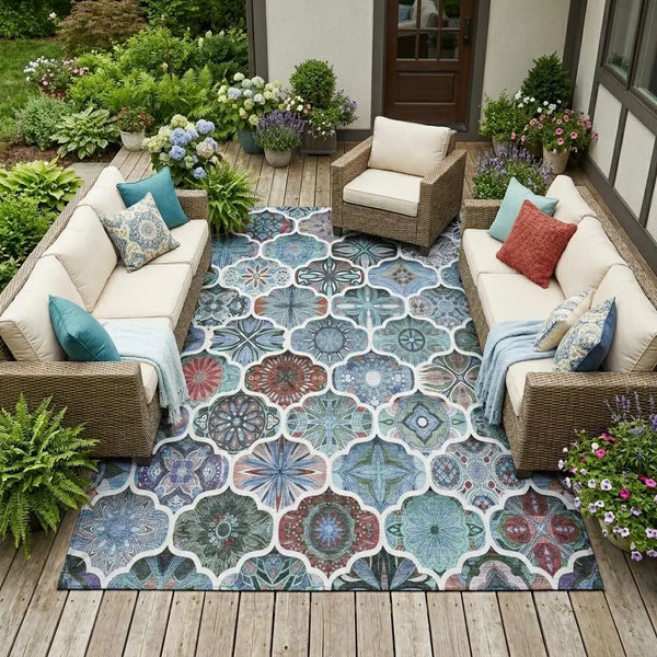 9' X 12' Teal Blue And Graphite Ogee Washable Indoor Outdoor Area Rug Homeroots Outdoor