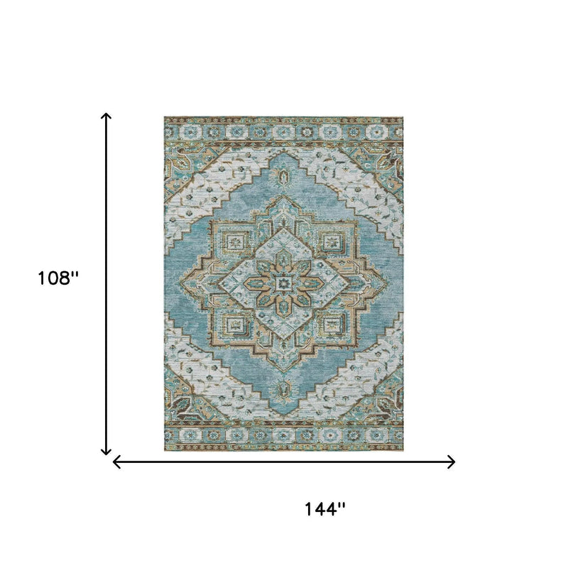 9' X 12' Teal Blue And Graphite Oriental Washable Indoor Outdoor Area Rug Homeroots Outdoor