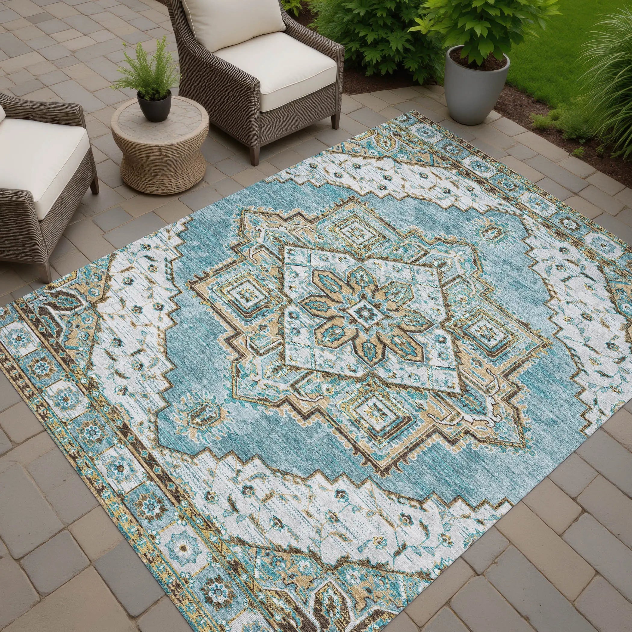 9' X 12' Teal Blue And Graphite Oriental Washable Indoor Outdoor Area Rug Homeroots Outdoor
