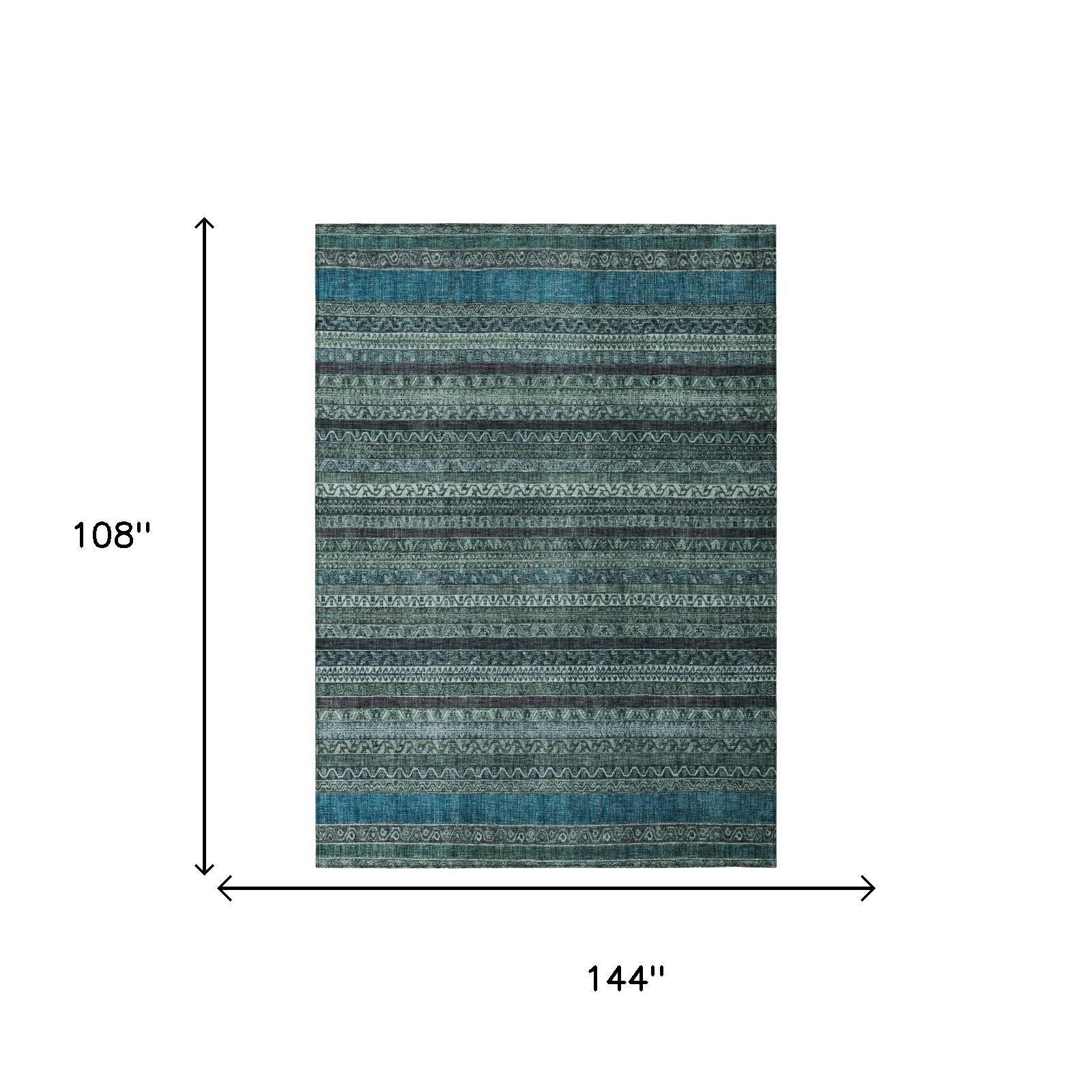 9' X 12' Teal Blue And Graphite Striped Washable Indoor Outdoor Area Rug Homeroots Outdoor