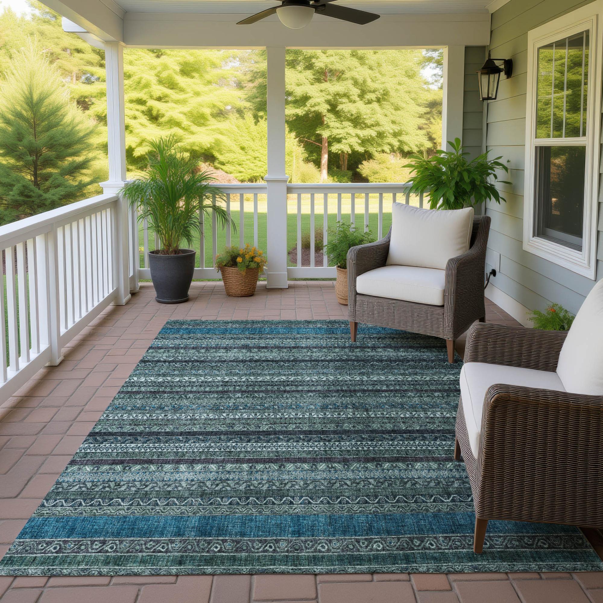 9' X 12' Teal Blue And Graphite Striped Washable Indoor Outdoor Area Rug Homeroots Outdoor
