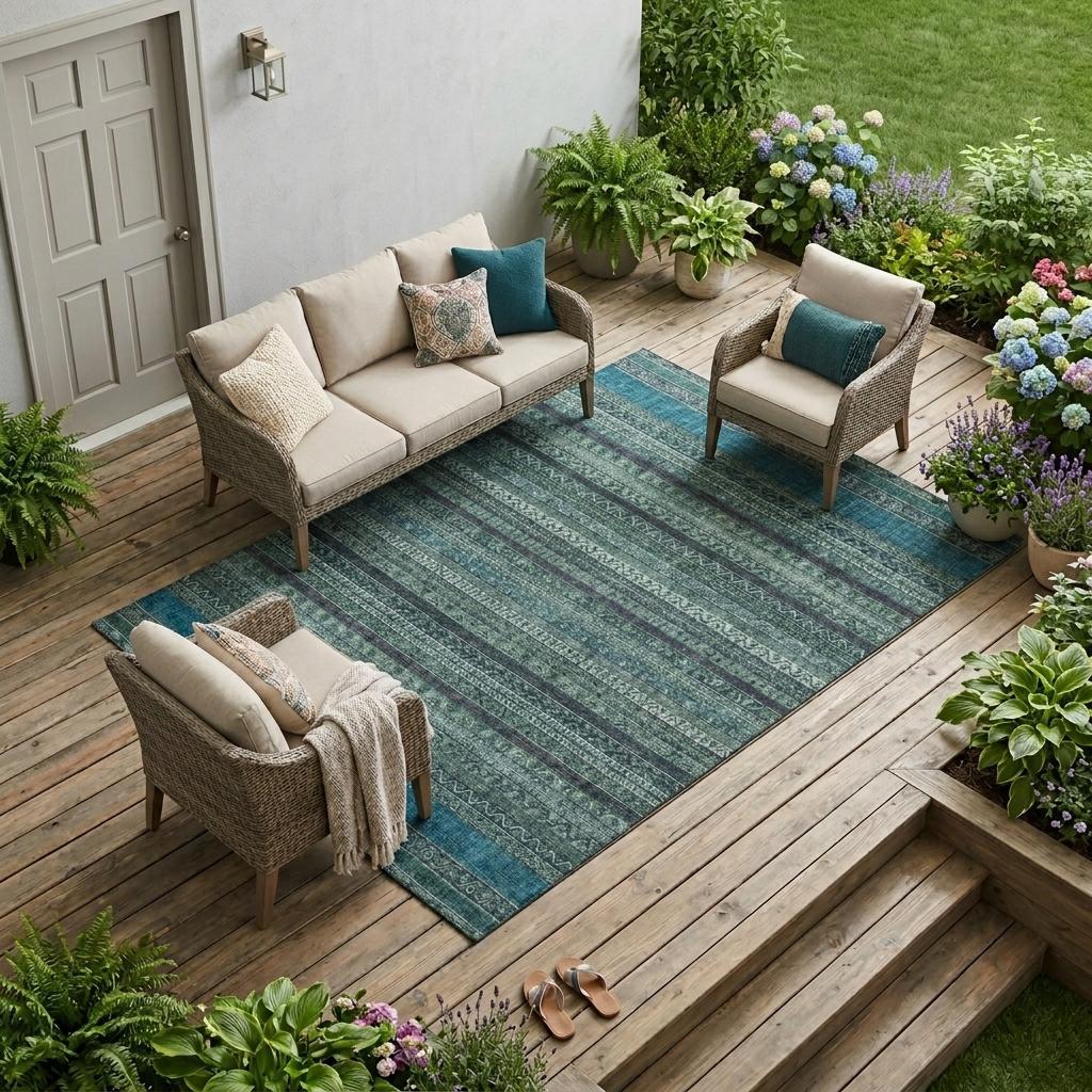 9' X 12' Teal Blue And Graphite Striped Washable Indoor Outdoor Area Rug Homeroots Outdoor