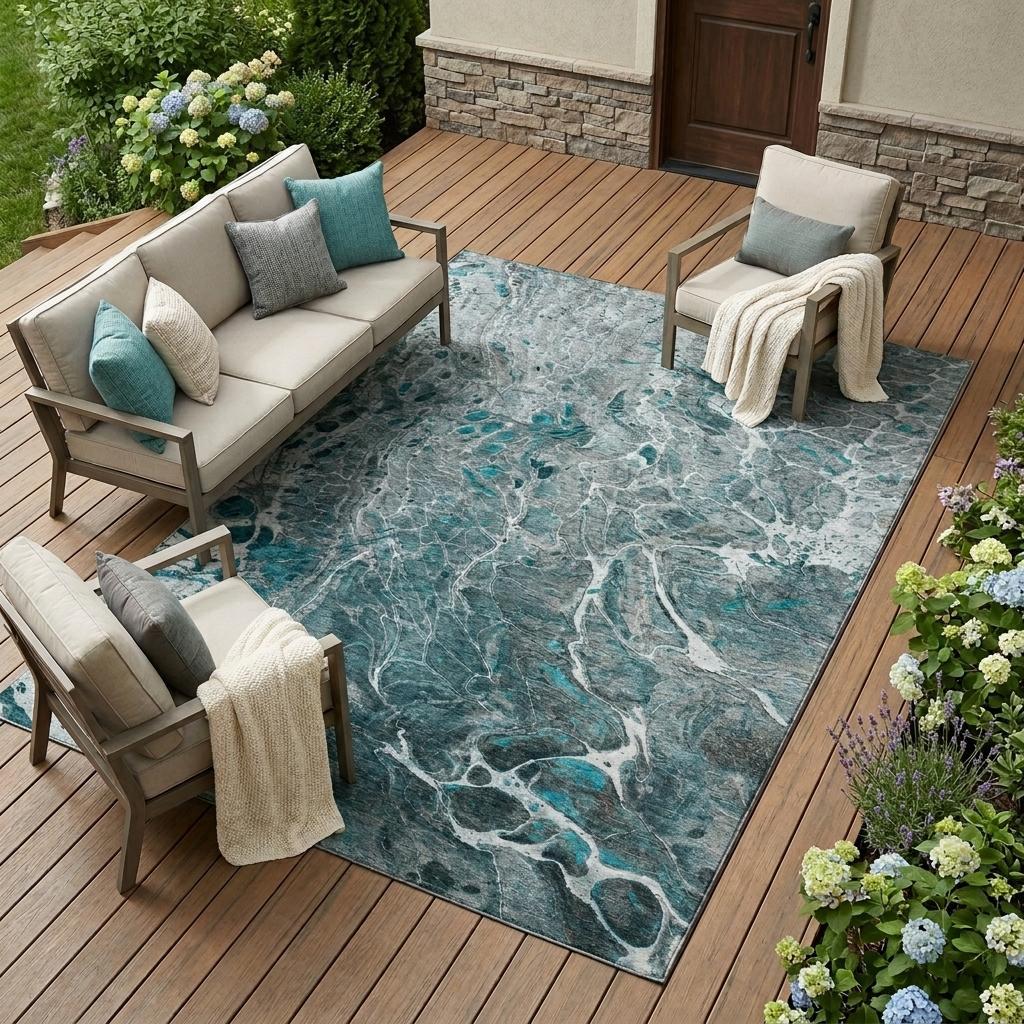 9' X 12' Teal Blue And Gray Abstract Washable Indoor Outdoor Area Rug Homeroots Outdoor