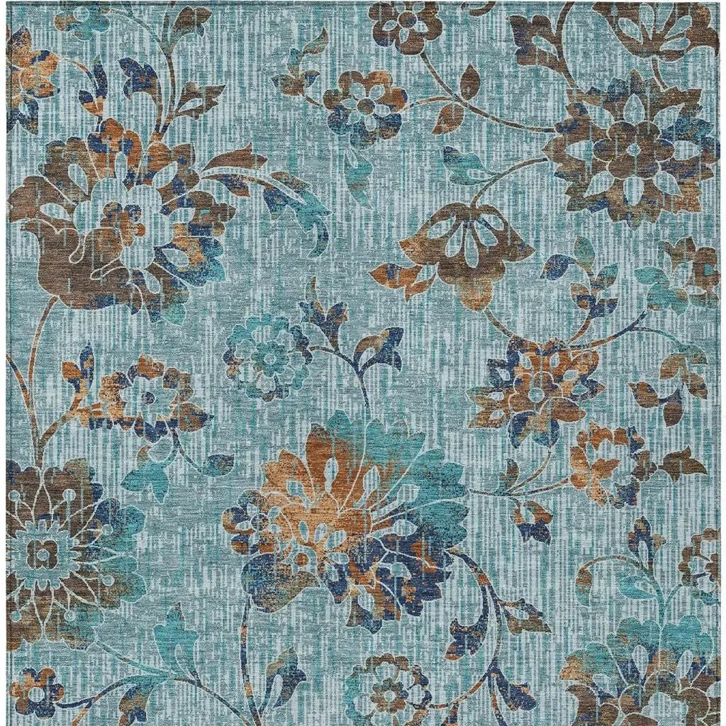 9' X 12' Teal Blue And Gray Floral Washable Indoor Outdoor Area Rug Homeroots Outdoor