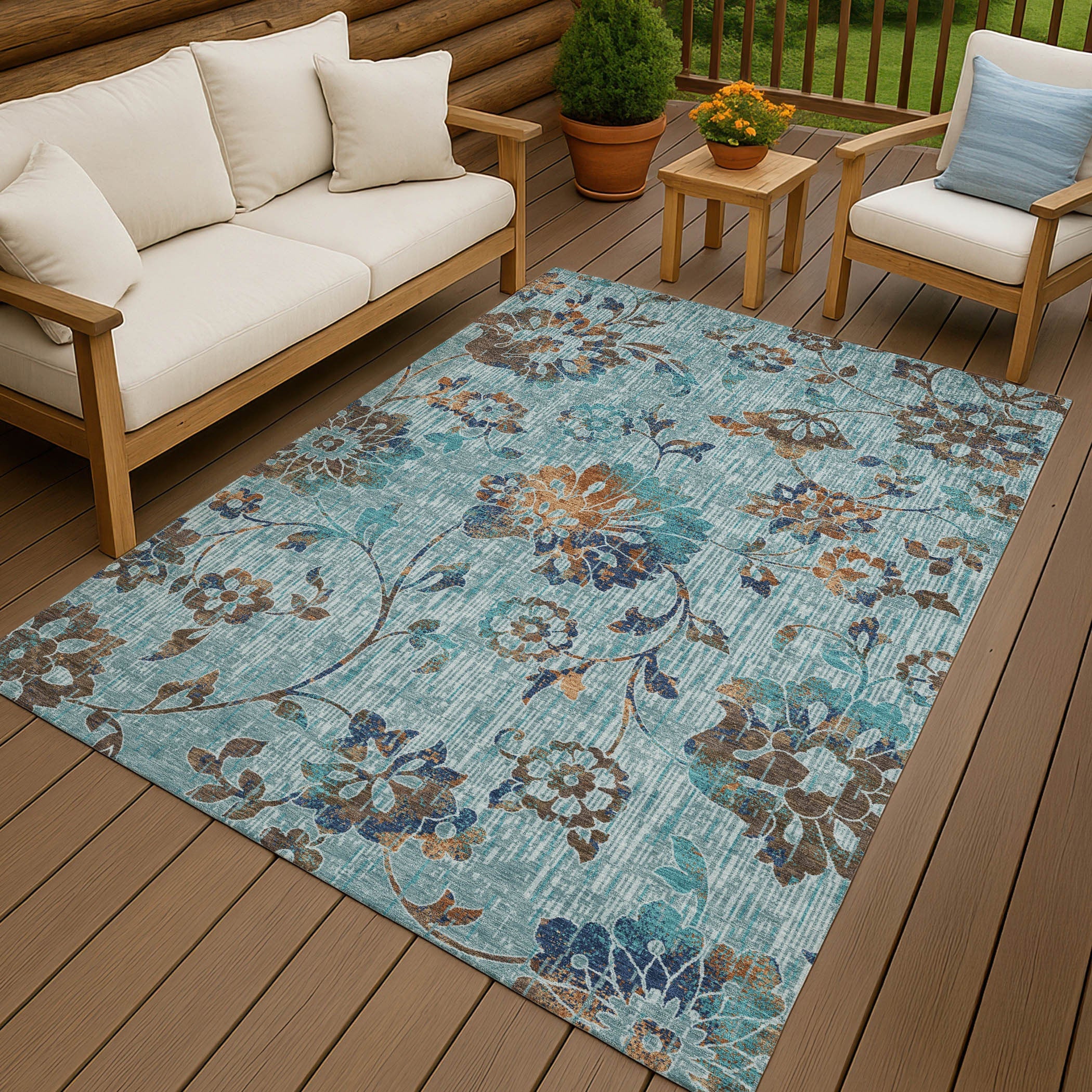 9' X 12' Teal Blue And Gray Floral Washable Indoor Outdoor Area Rug Homeroots Outdoor