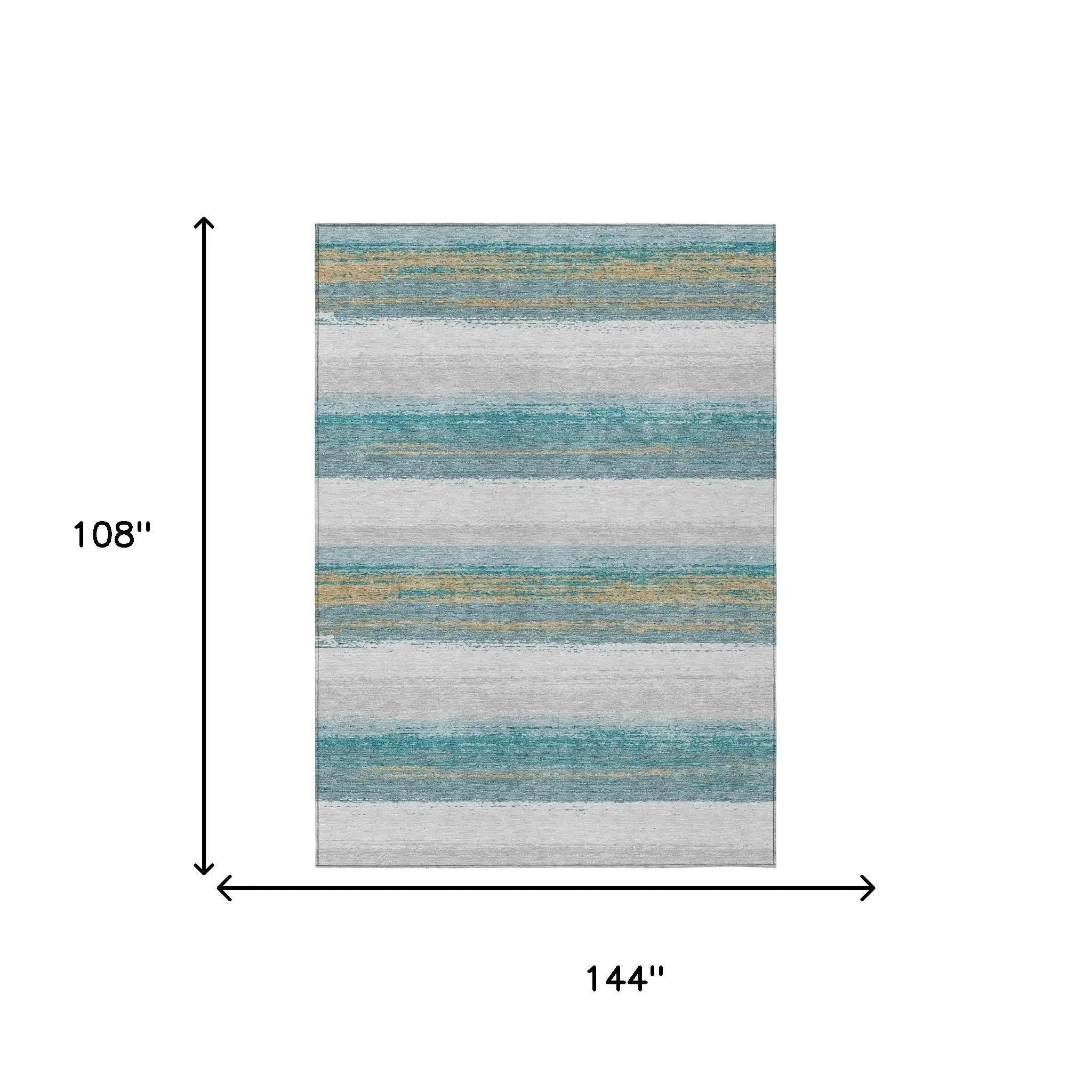 9' X 12' Teal Blue And Gray Striped Washable Indoor Outdoor Area Rug Homeroots Outdoor