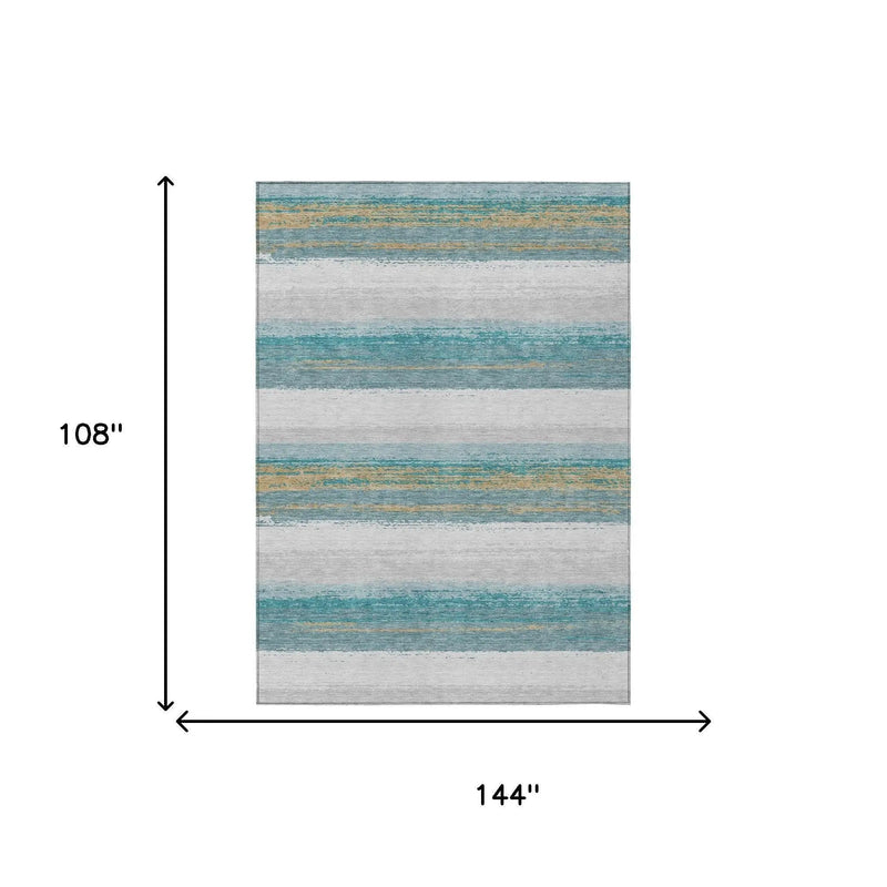 9' X 12' Teal Blue And Gray Striped Washable Indoor Outdoor Area Rug Homeroots Outdoor