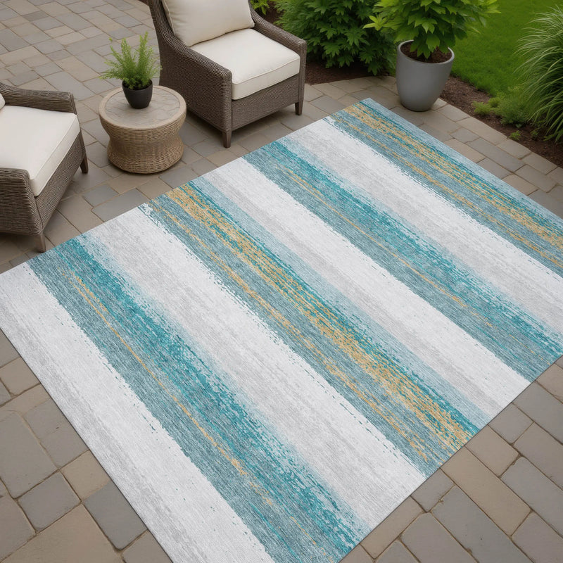 9' X 12' Teal Blue And Gray Striped Washable Indoor Outdoor Area Rug Homeroots Outdoor