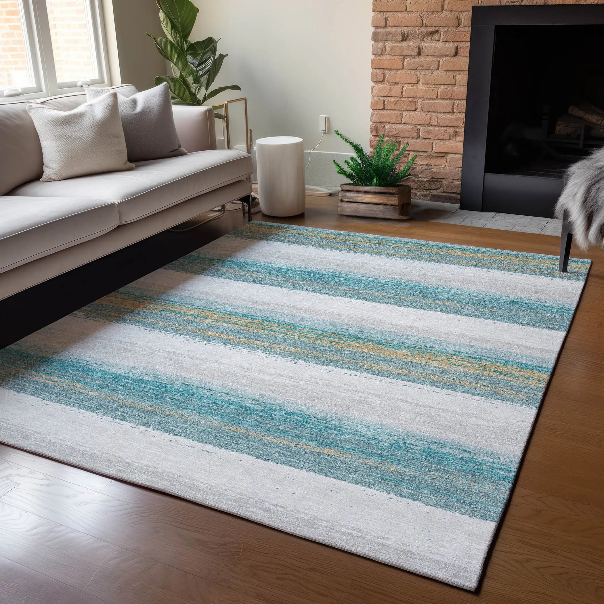 9' X 12' Teal Blue And Gray Striped Washable Indoor Outdoor Area Rug Homeroots Outdoor