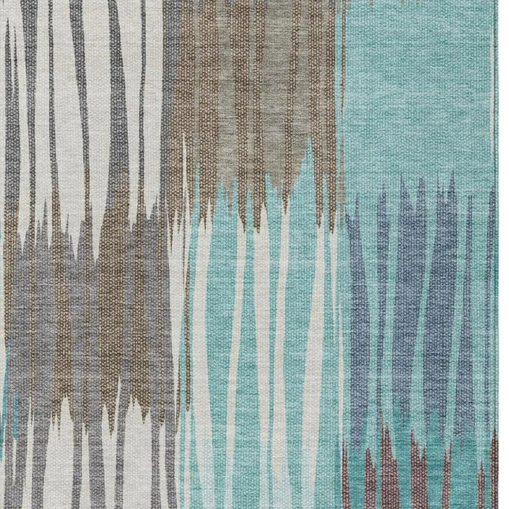 9' X 12' Teal Blue And Gray Striped Washable Indoor Outdoor Area Rug Homeroots Outdoor