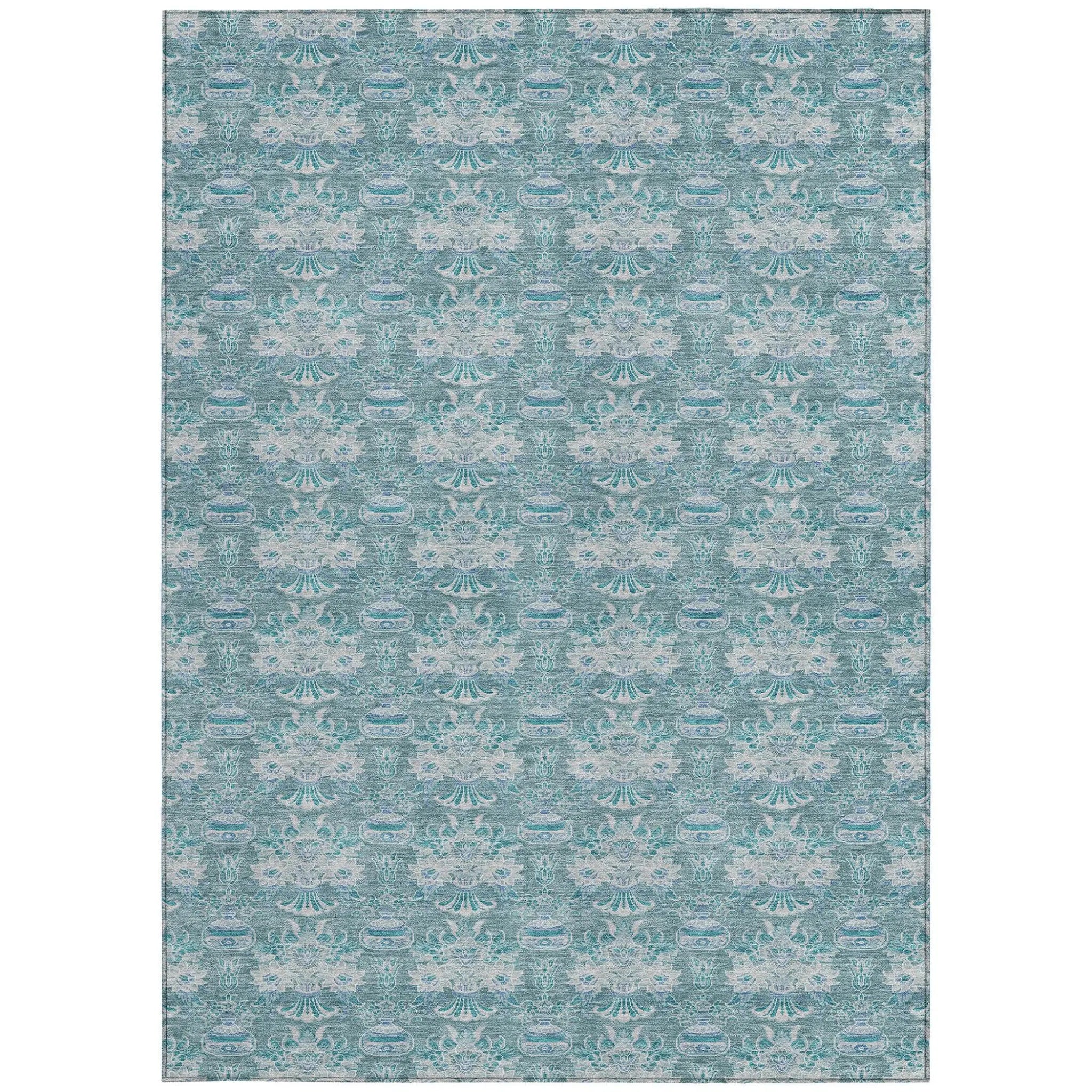 9' X 12' Teal Blue And Green Floral Washable Indoor Outdoor Area Rug Homeroots Outdoor