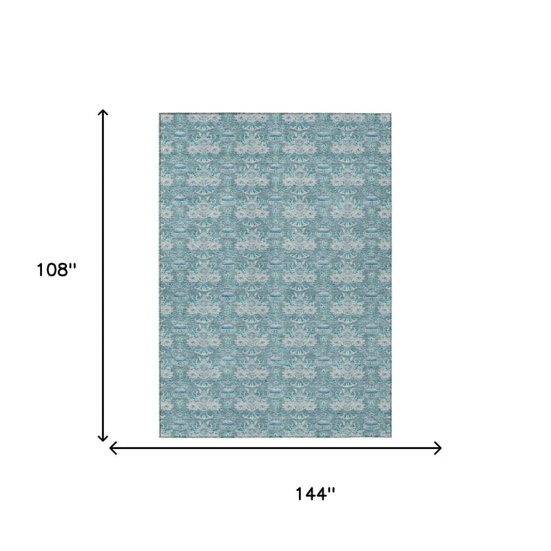 9' X 12' Teal Blue And Green Floral Washable Indoor Outdoor Area Rug Homeroots Outdoor