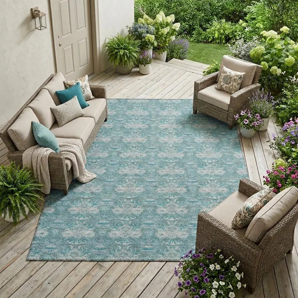 9' X 12' Teal Blue And Green Floral Washable Indoor Outdoor Area Rug Homeroots Outdoor