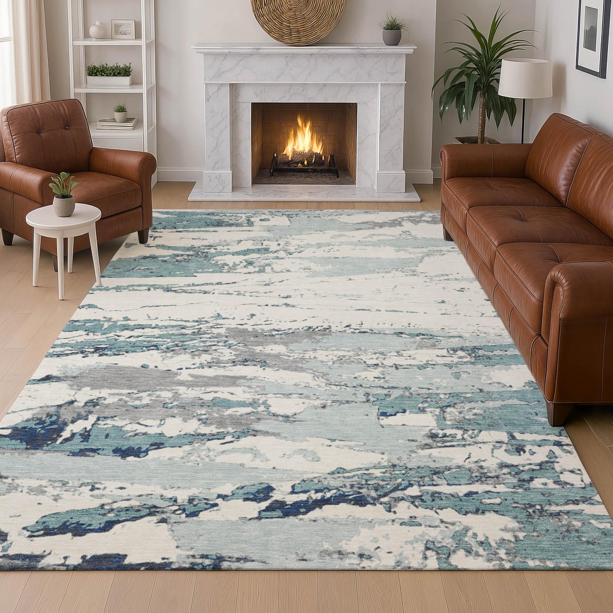 9' X 12' Teal Blue And Ivory Abstract Washable Indoor Outdoor Area Rug Homeroots Outdoor