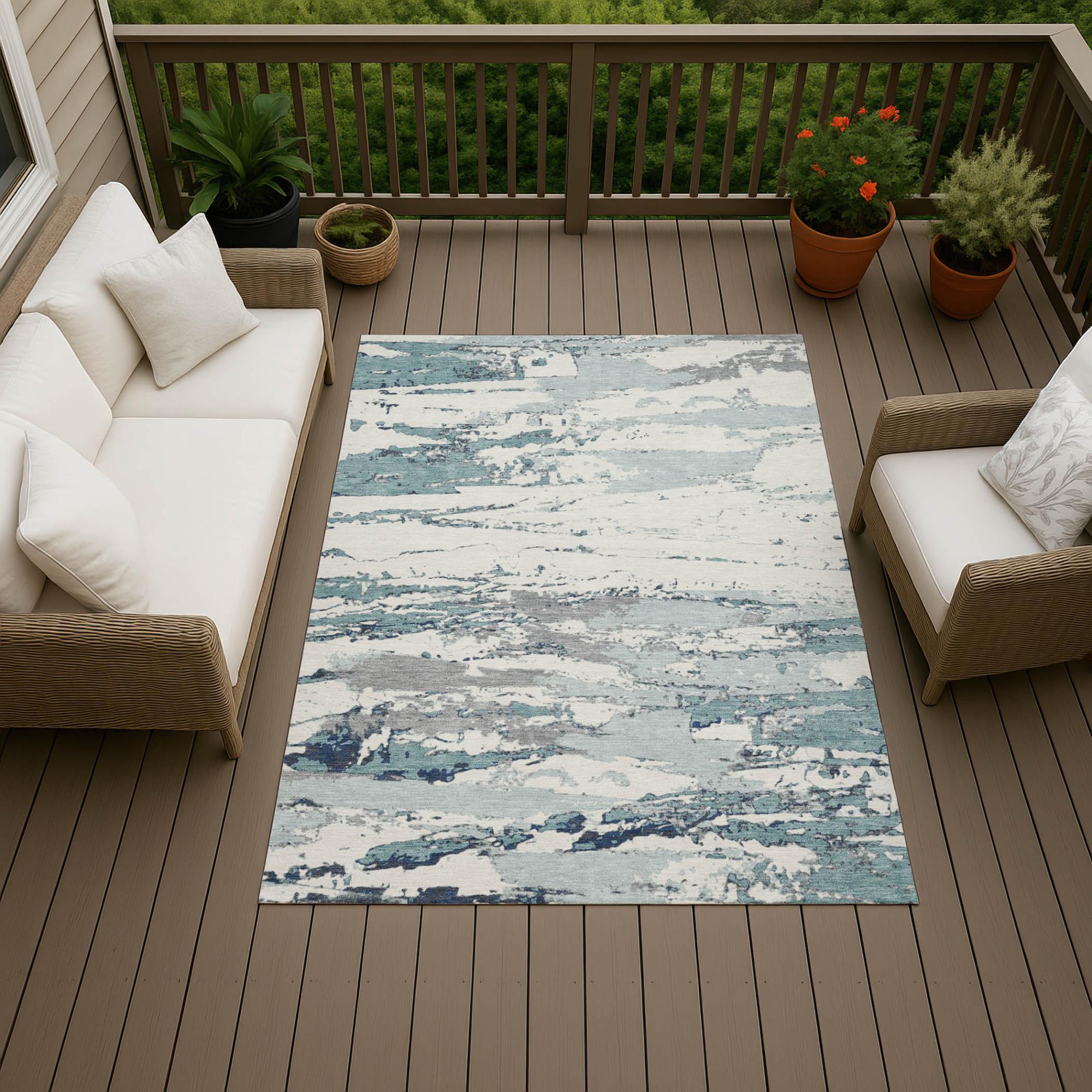 9' X 12' Teal Blue And Ivory Abstract Washable Indoor Outdoor Area Rug Homeroots Outdoor