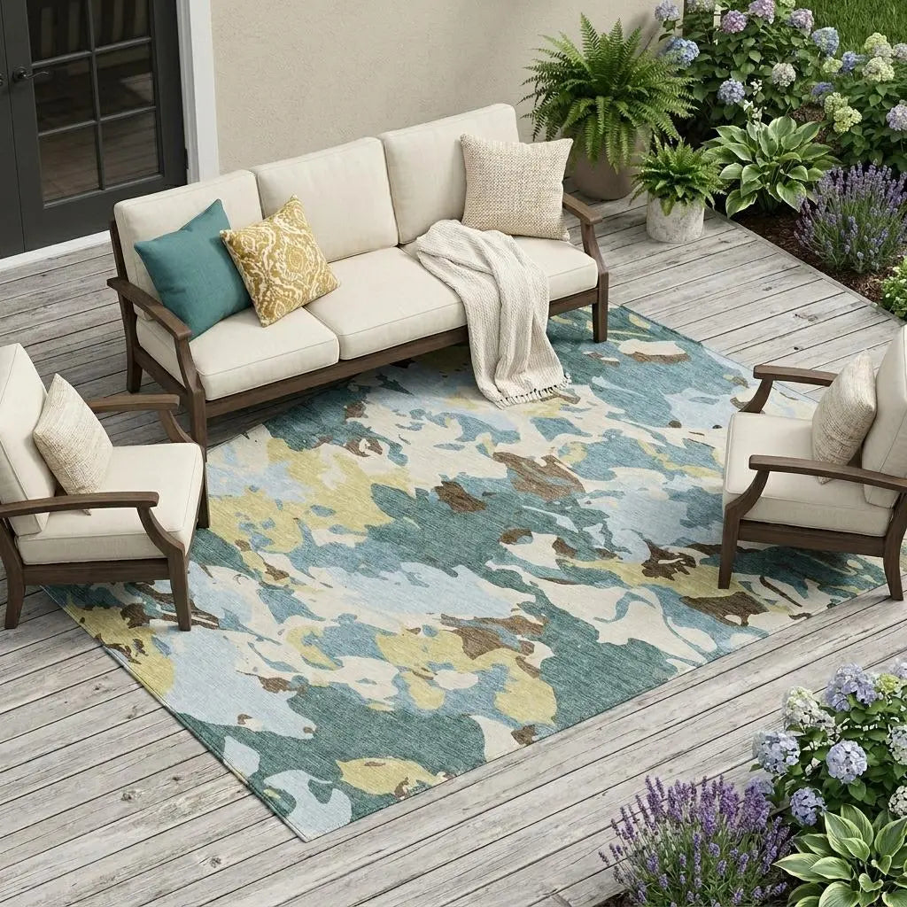 9' X 12' Teal Blue And Ivory Abstract Washable Indoor Outdoor Area Rug Homeroots Outdoor