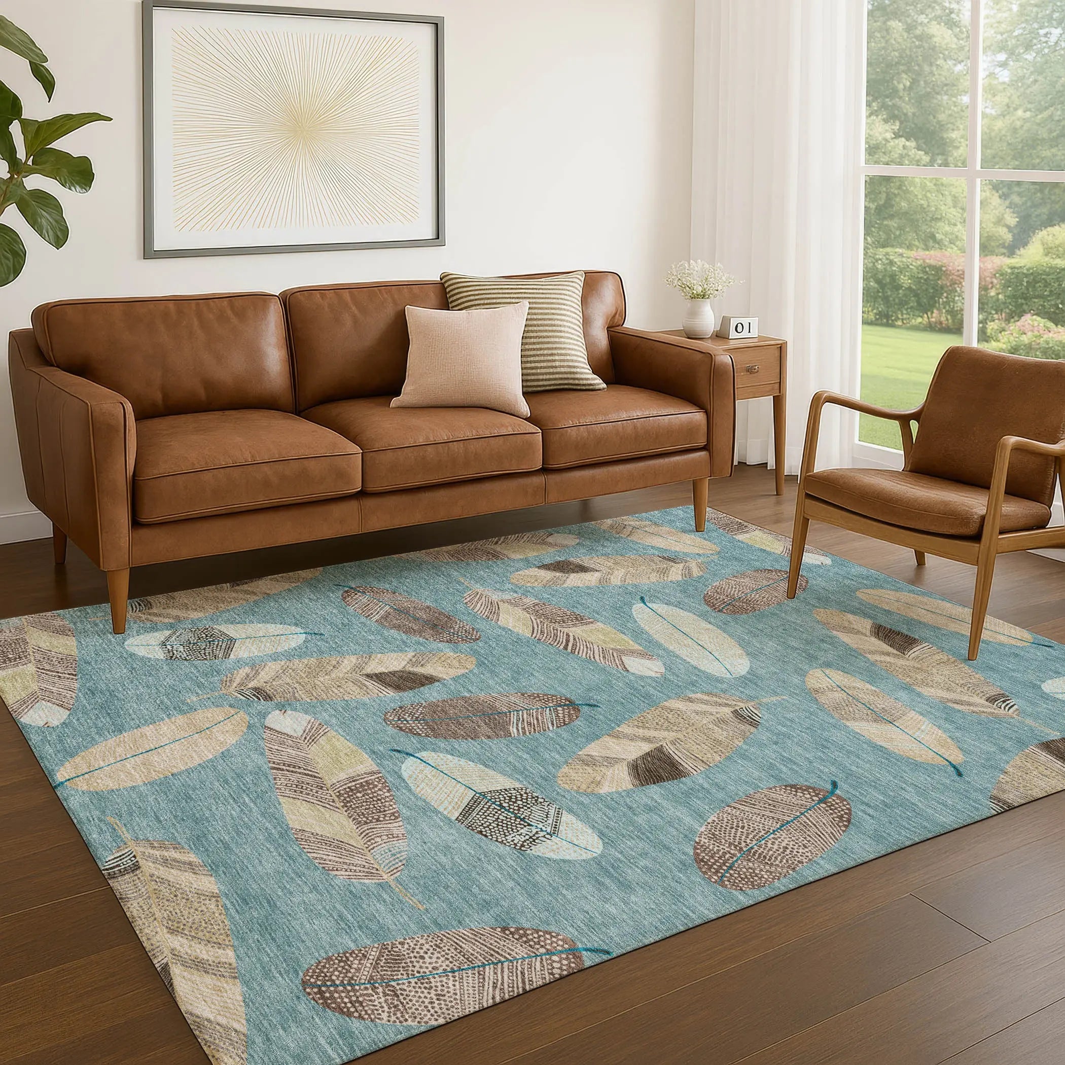 9' X 12' Teal Blue And Ivory Botanical Leaves Washable Indoor Outdoor Area Rug Homeroots Outdoor