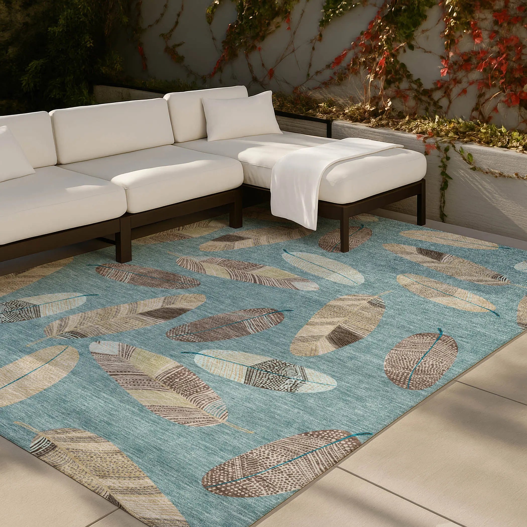 9' X 12' Teal Blue And Ivory Botanical Leaves Washable Indoor Outdoor Area Rug Homeroots Outdoor